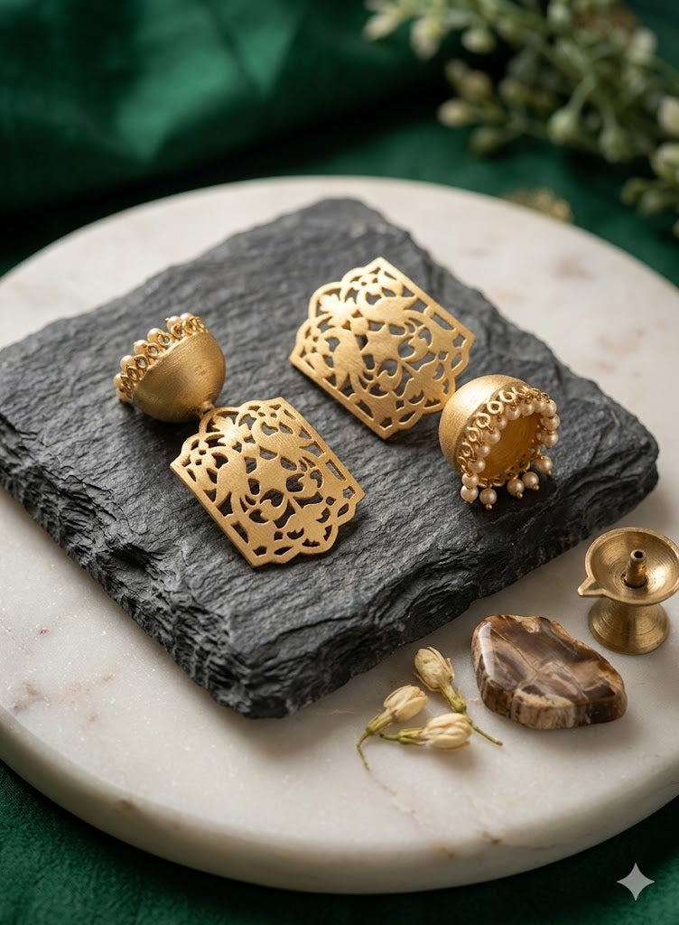22k Matte Gold Peacock Filigree Jhumka Earrings