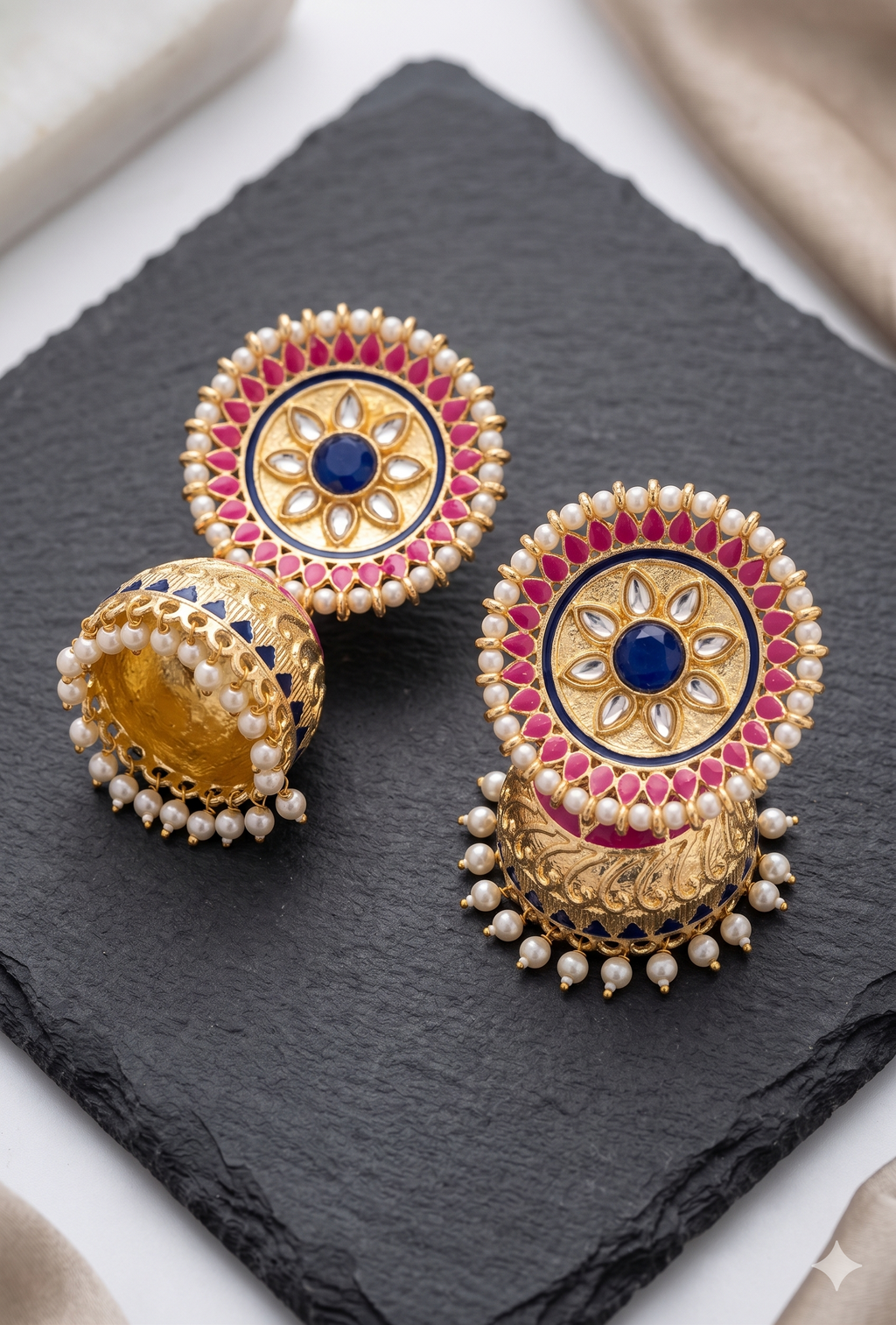 Gold-Plated Handcrafted Jhumka Earrings for Weddings & Festive Wear – Pink & Blue