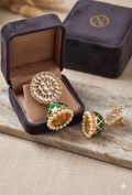 Handcrafted Royal Green Enamel & Kundan Jhumkas with Seed Pearl Detail