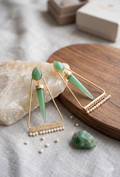 Aventurine Spire Triangle Drop Earrings with Pearl Fringe - Matte Gold Finish