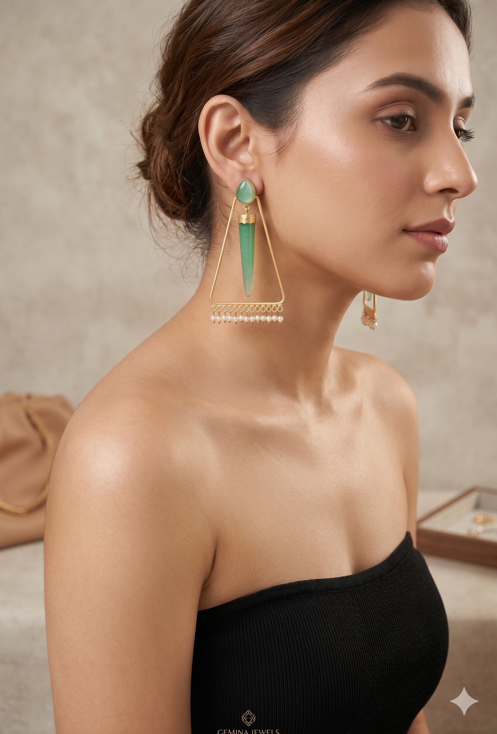 Aventurine Spire Triangle Drop Earrings with Pearl Fringe - Matte Gold Finish