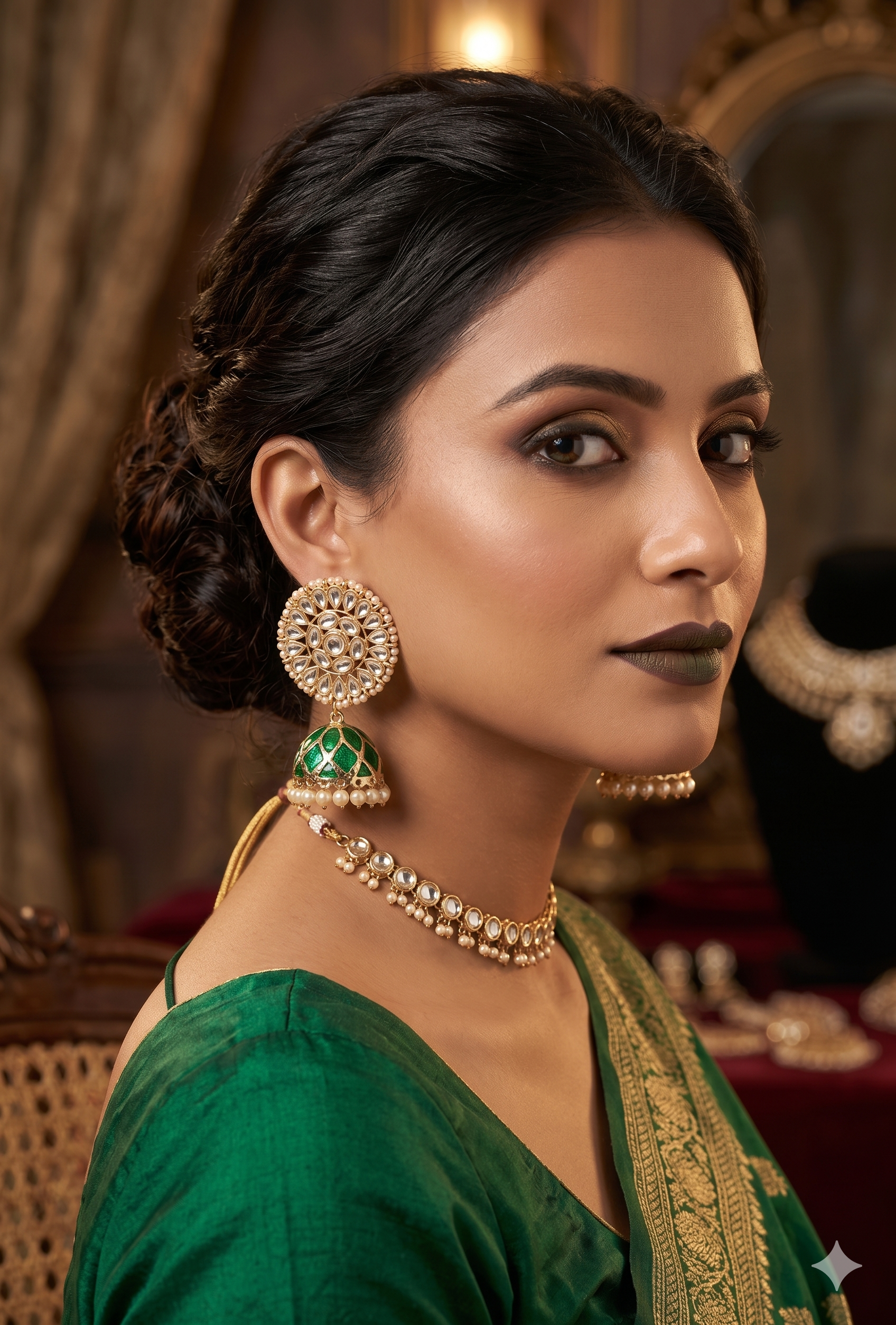 Handcrafted Royal Green Enamel & Kundan Jhumkas with Seed Pearl Detail