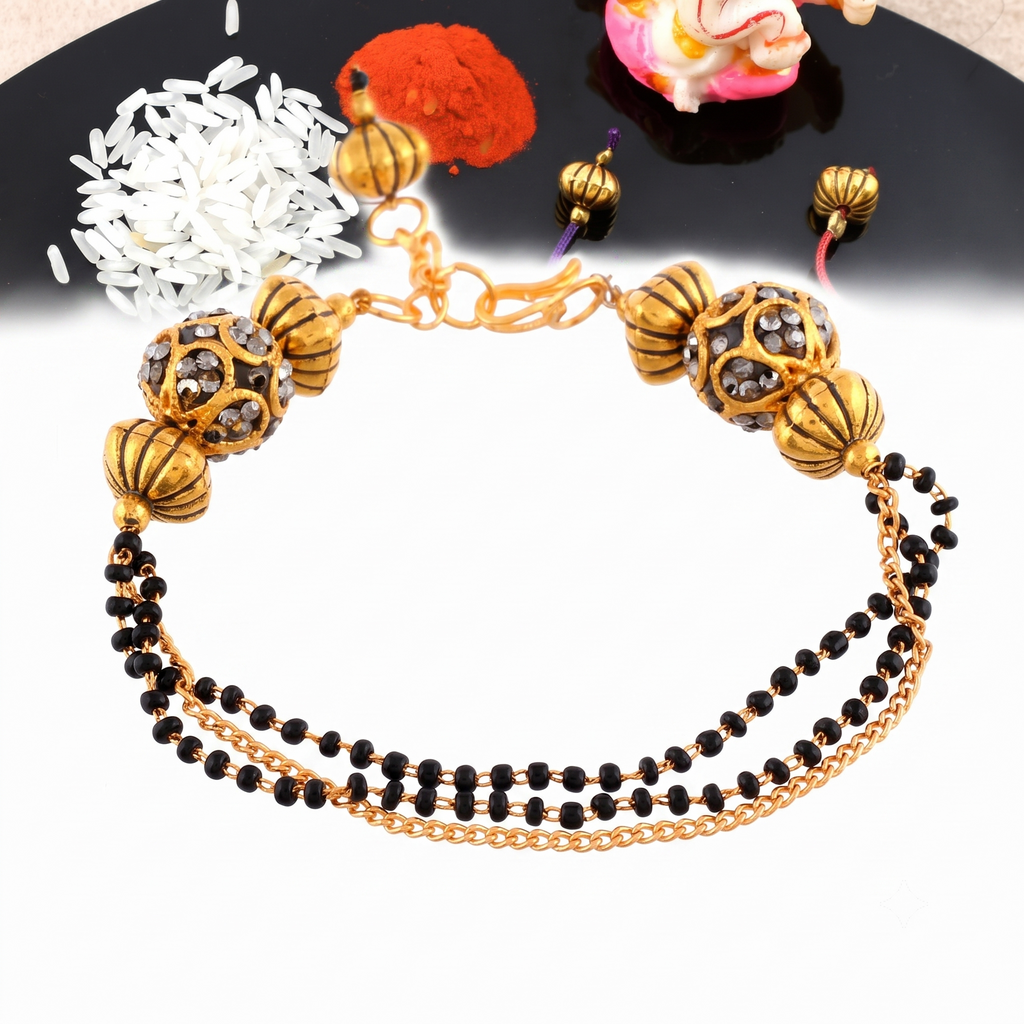 Elegant Rakhi & Lumba Set for Bhaiya Bhabhi – Designer Gold Bracelet & Thread Rakhi Combo
