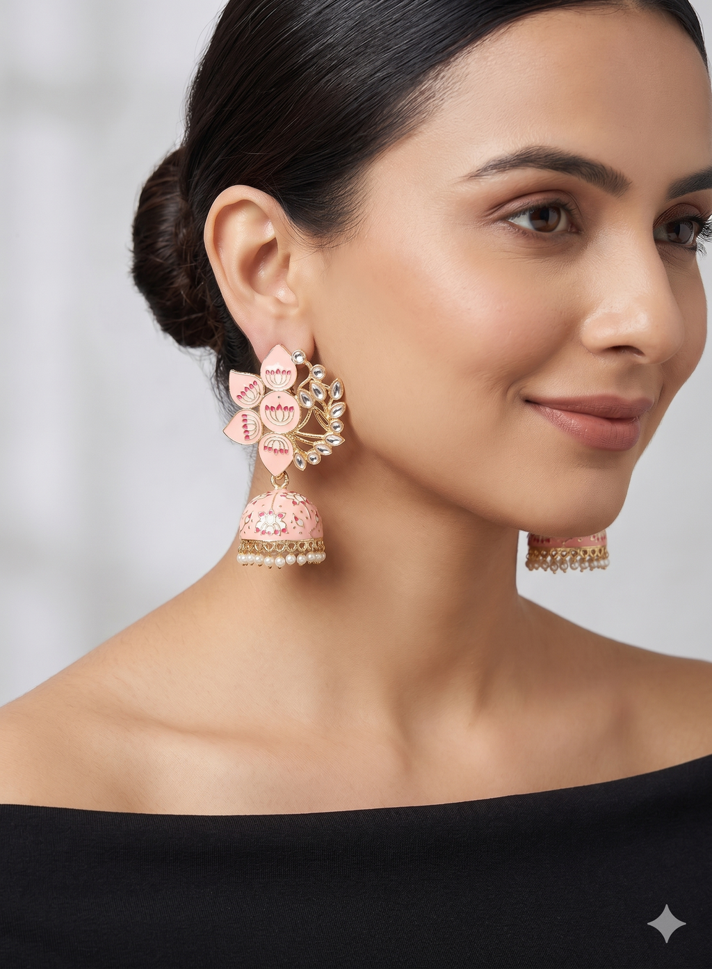 Pastel Pink Lotus Meenakari Jhumka Earrings.