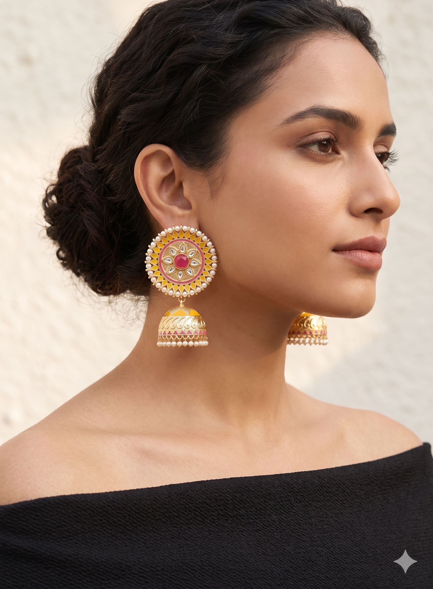 Traditional Meenakari Jhumka Earrings with Pearl Accents – Vibrant Yellow & Pink