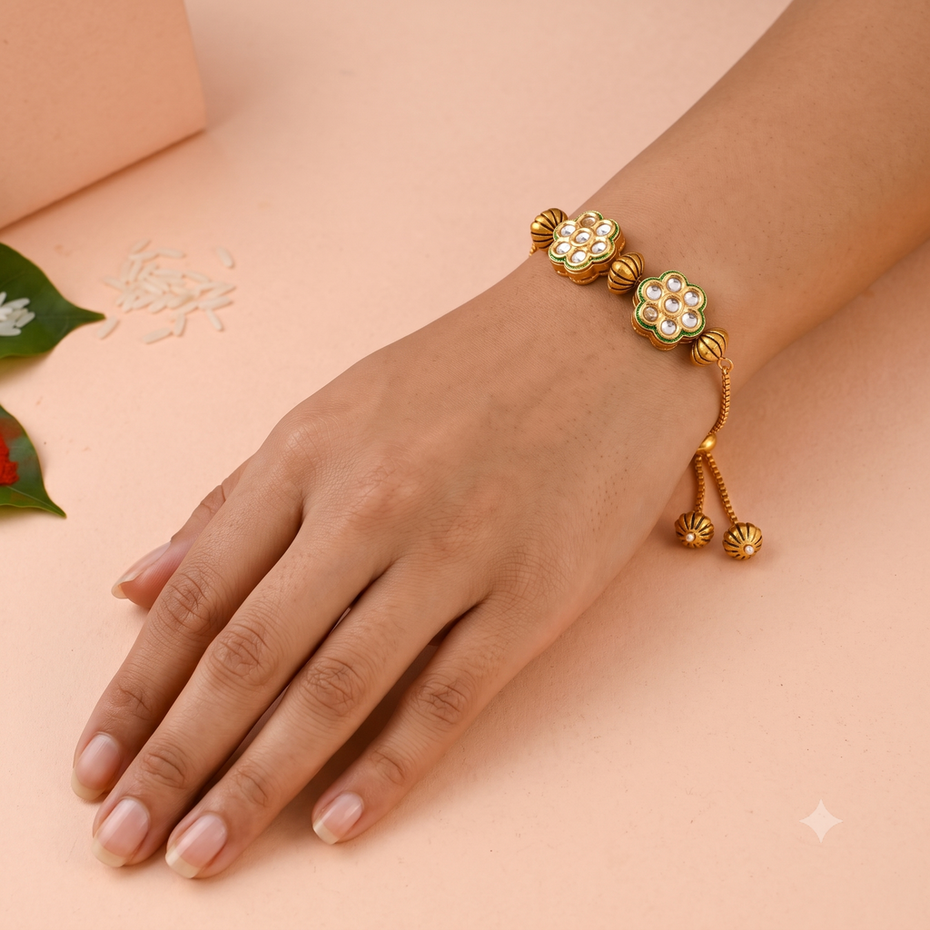 Designer Kundan Flower Rakhi Bracelet – Adjustable Gold-Plated Meenakari Rakhi for Brother