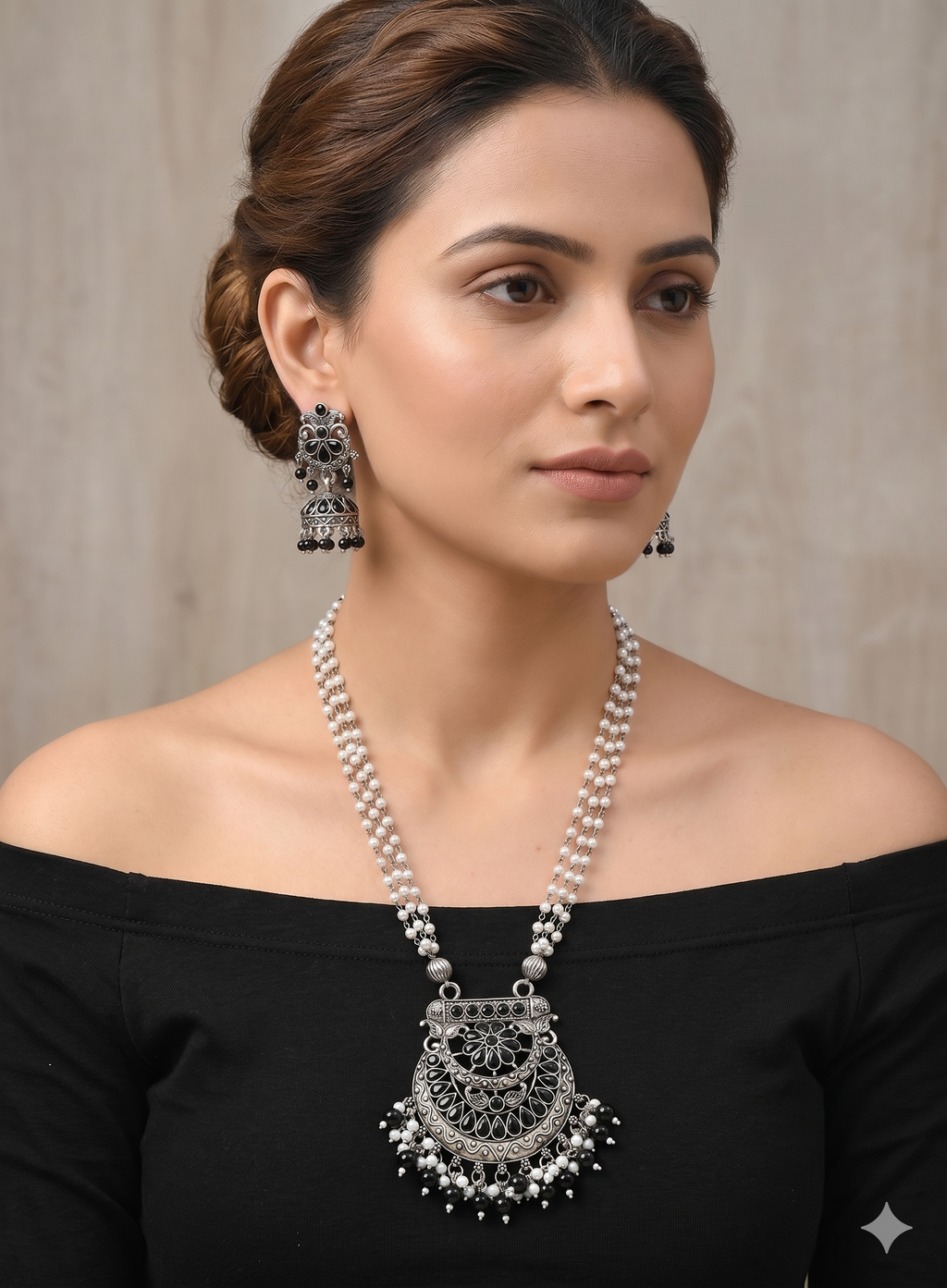 Handcrafted Oxidized Silver Pearl Choker Necklace & Jhumka Earrings Set – Black Onyx Statement Jewelry