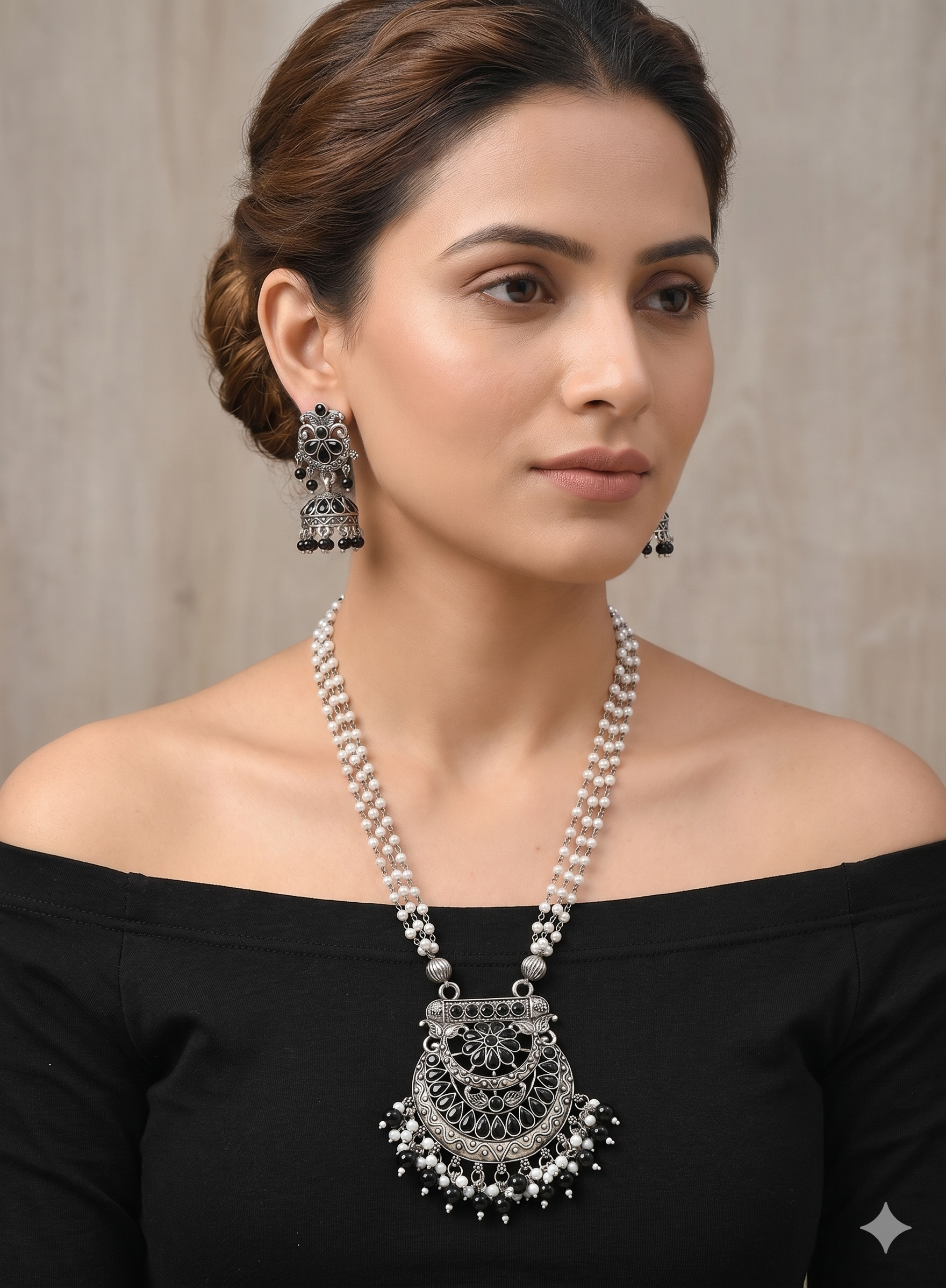 Handcrafted Oxidized Silver Pearl Choker Necklace & Jhumka Earrings Set – Black Onyx Statement Jewelry
