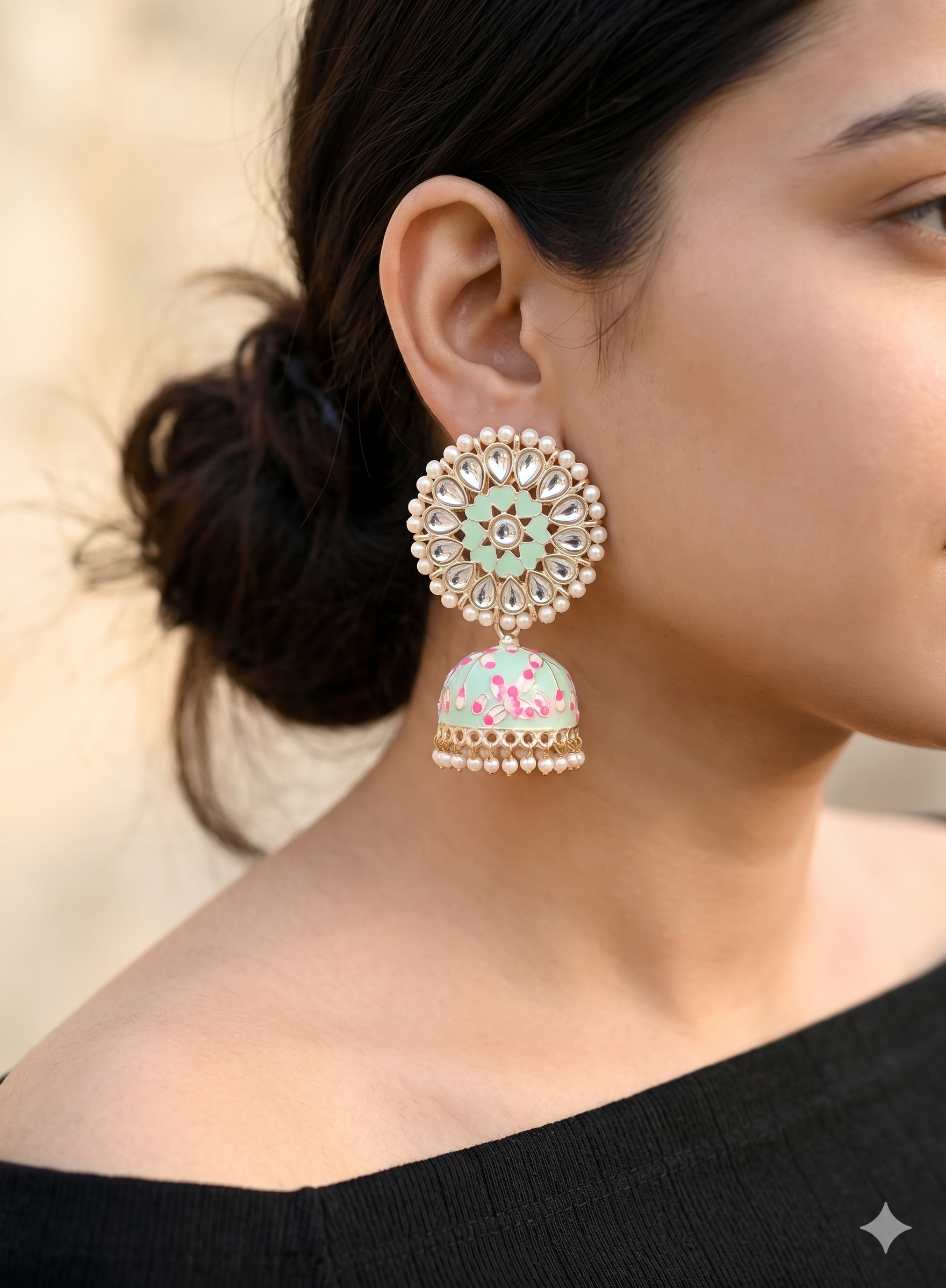 Mint Green Pastel Meenakari Jhumka Earrings with Kundan & Pearl Accents