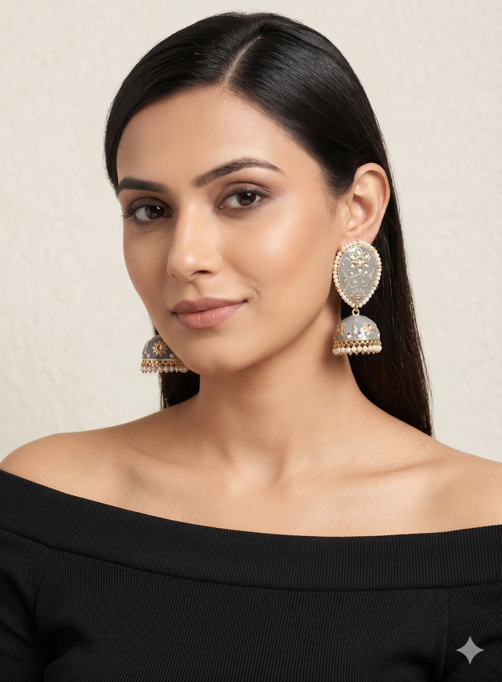 Grey Meenakari Kundan Jhumka Earrings with Pearl Border