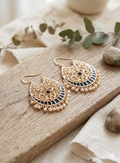 Amara Gold Filigree Crescent Earrings with Black Enamel and Pearl Drops