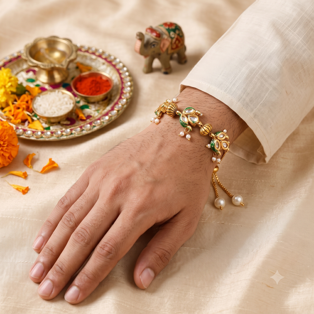 Designer Meenakari Peacock Rakhi Bracelet - Gold Plated Kandan Adjustable Rakhi