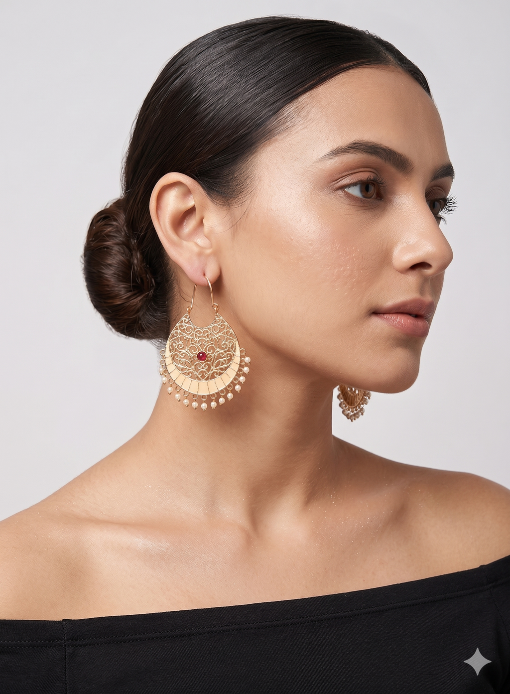 18K Gold Plated Filigree Crescent Drop Earrings with Ruby Accent & Pearl Droplets