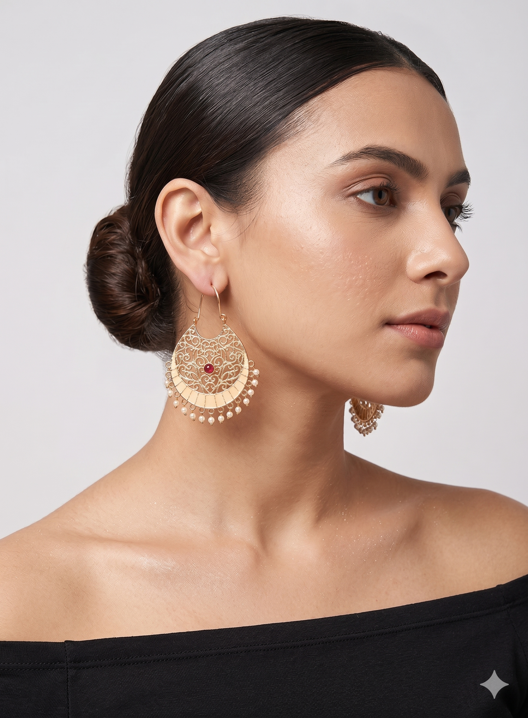 18K Gold Plated Filigree Crescent Drop Earrings with Ruby Accent & Pearl Droplets