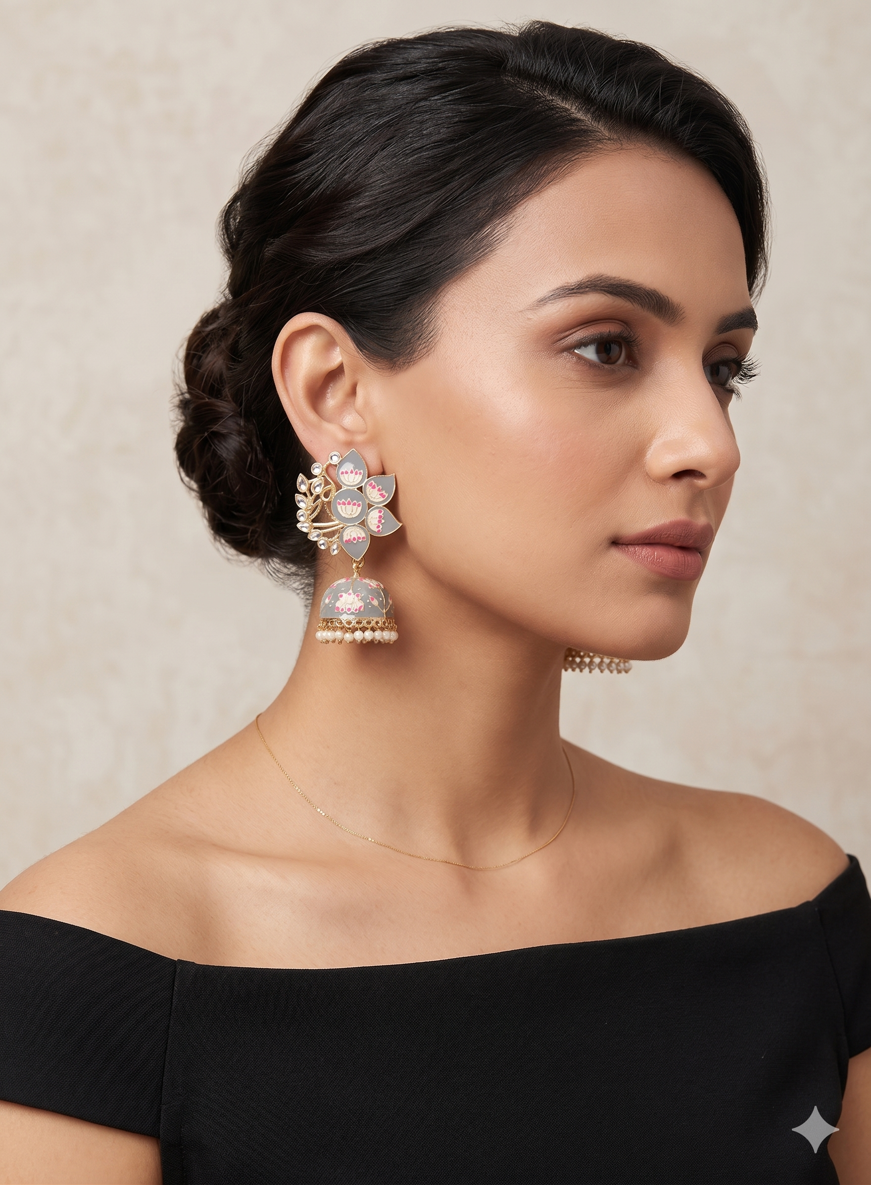 Handcrafted Grey Lotus Meenakari Jhumka Earrings with Pearl Drops