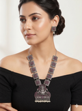 Temple Jewelry Set with Ruby-Pink Stones & Pearl Droplets | Goddess Lakshmi Pendant Necklace & Matching Square Stud Earrings