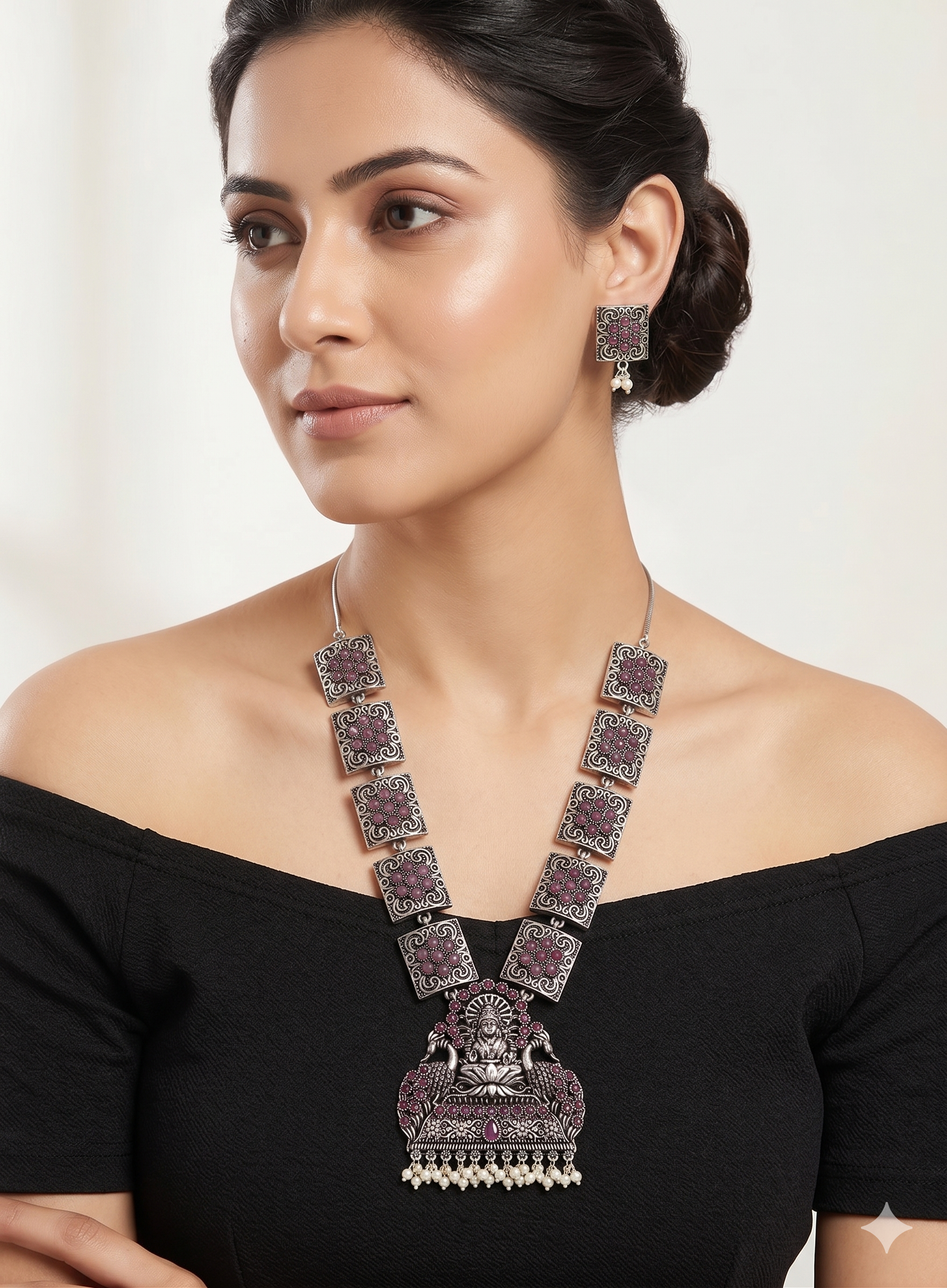 Temple Jewelry Set with Ruby-Pink Stones & Pearl Droplets | Goddess Lakshmi Pendant Necklace & Matching Square Stud Earrings