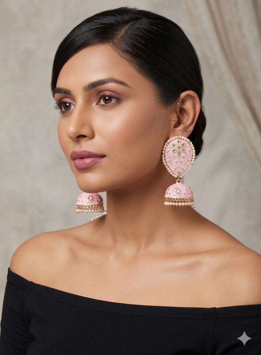Meenakari Pastel Pink Jhumka Earrings with Kundan & Pearl Detailing