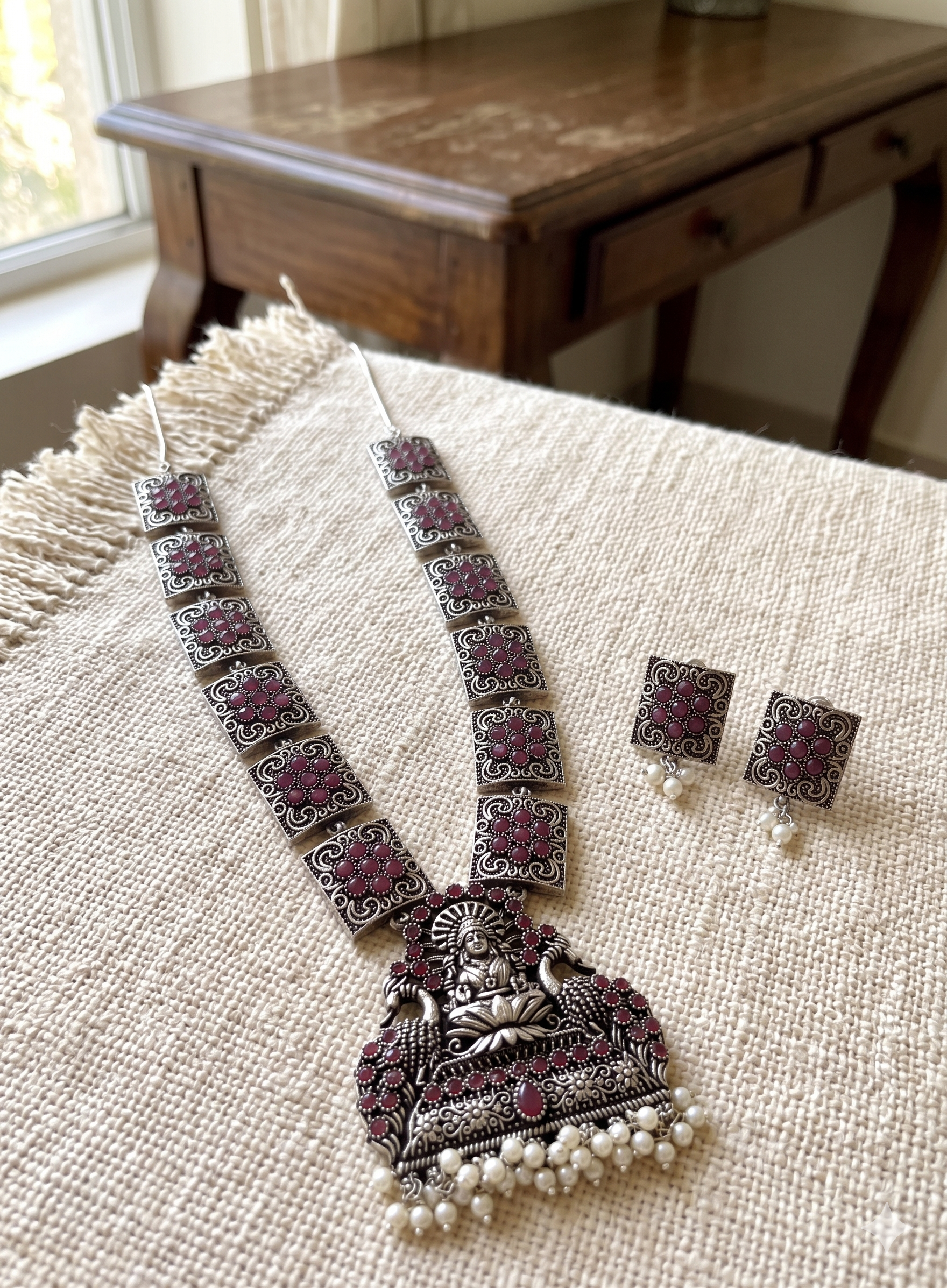 Temple Jewelry Set with Ruby-Pink Stones & Pearl Droplets | Goddess Lakshmi Pendant Necklace & Matching Square Stud Earrings