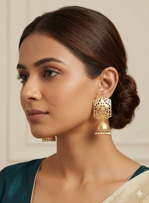 22k Matte Gold Peacock Filigree Jhumka Earrings