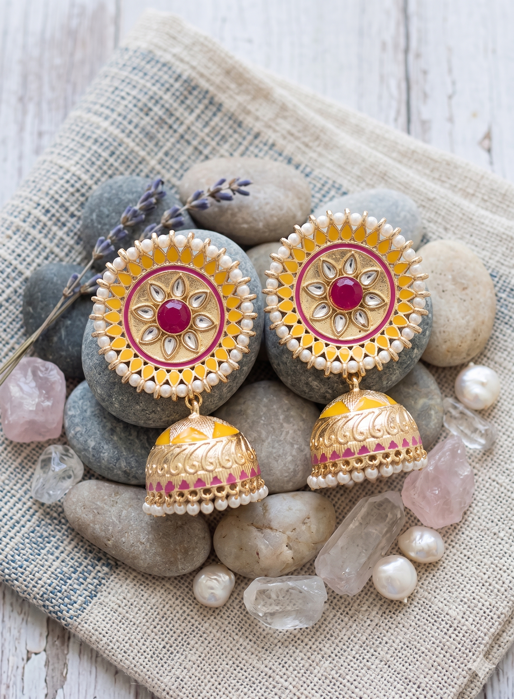 Traditional Meenakari Jhumka Earrings with Pearl Accents – Vibrant Yellow & Pink