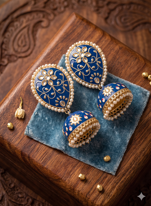 Blue Enamel Jhumkas – Traditional Kundan & Pearl Drop Statement Earrings