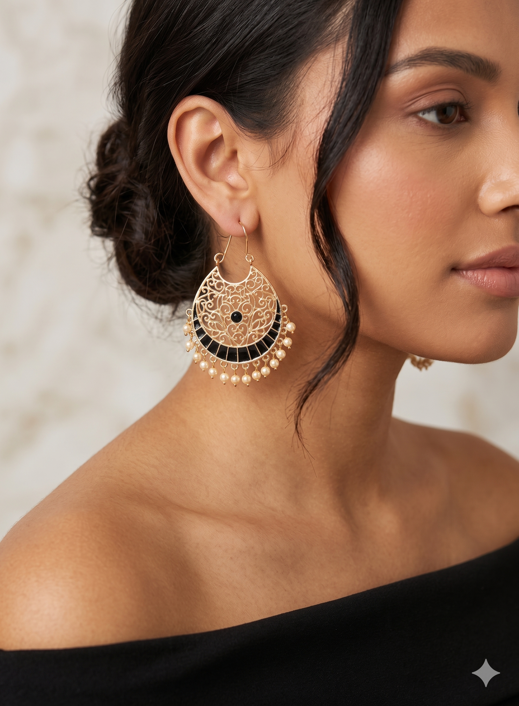 Amara Gold Filigree Crescent Earrings with Black Enamel and Pearl Drops