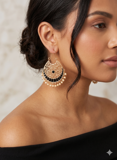 Amara Gold Filigree Crescent Earrings with Black Enamel and Pearl Drops