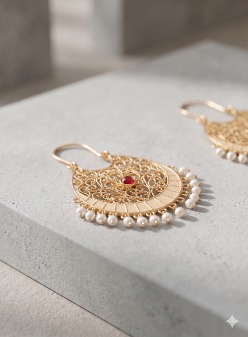 18K Gold Plated Filigree Crescent Drop Earrings with Ruby Accent & Pearl Droplets