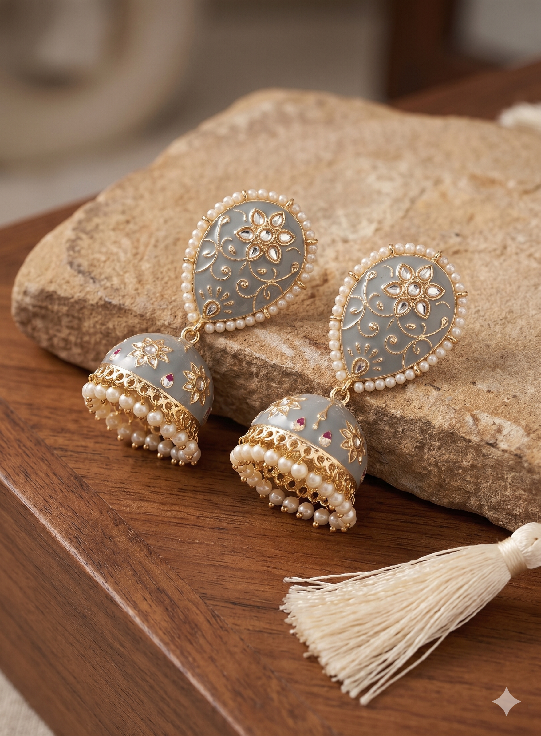 Grey Meenakari Kundan Jhumka Earrings with Pearl Border