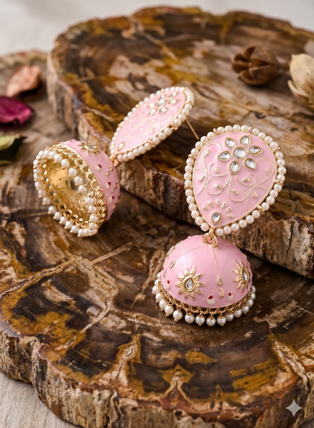 Meenakari Pastel Pink Jhumka Earrings with Kundan & Pearl Detailing