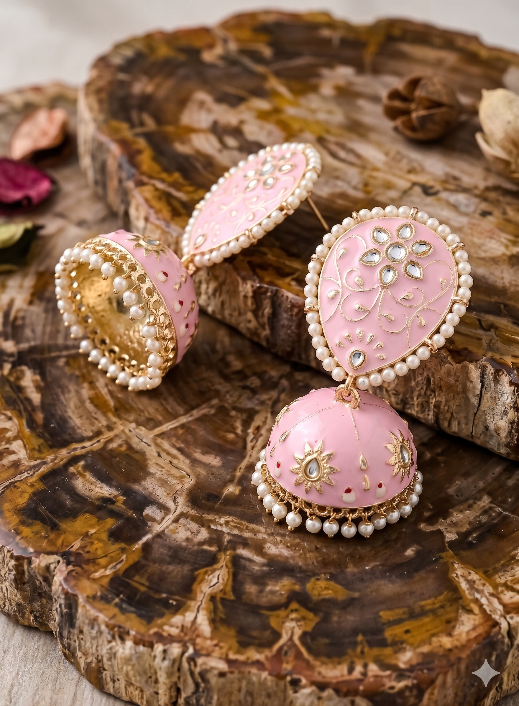 Meenakari Pastel Pink Jhumka Earrings with Kundan & Pearl Detailing