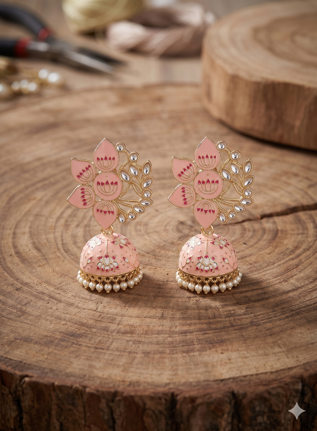 Pastel Pink Lotus Meenakari Jhumka Earrings.