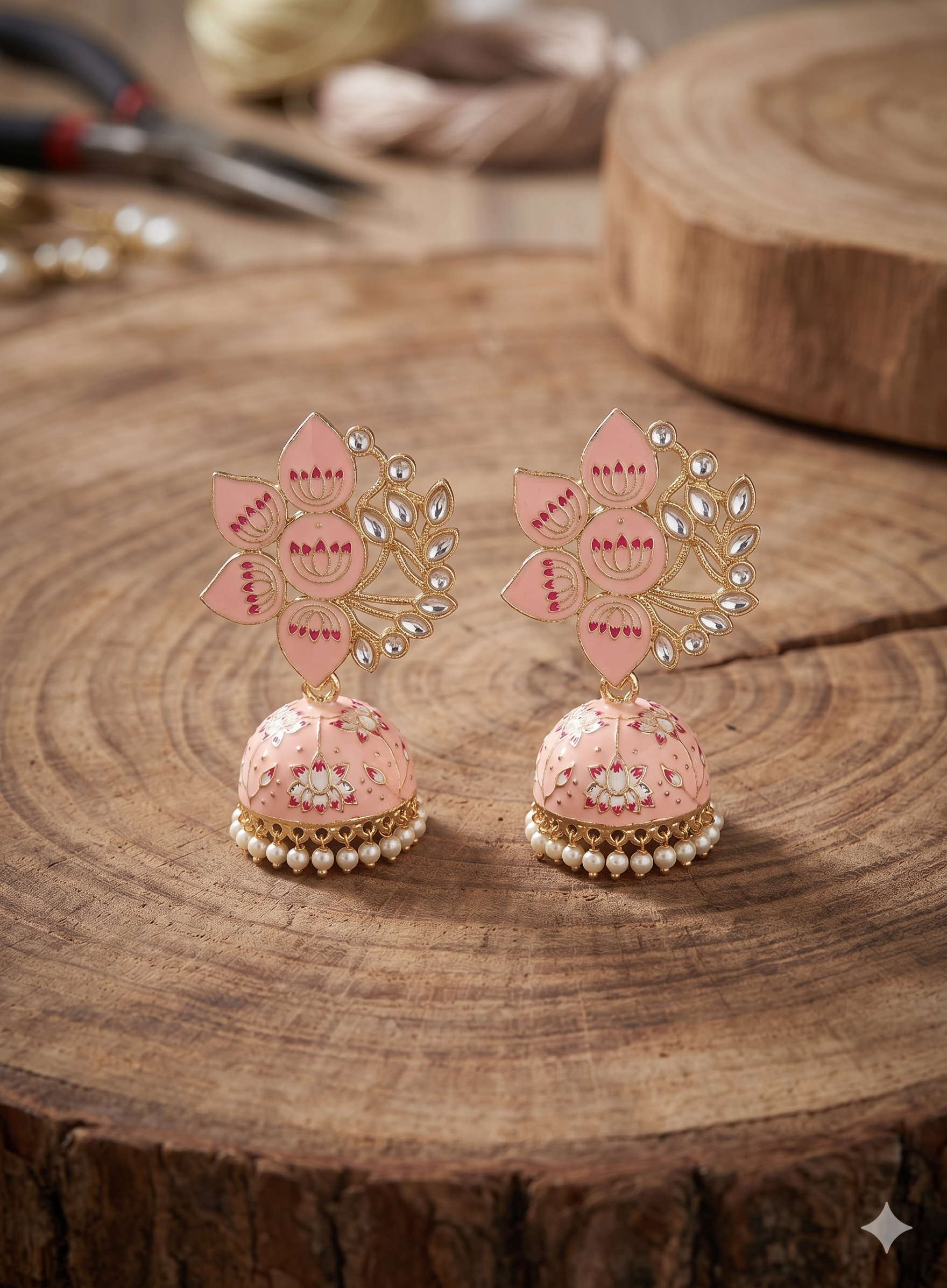 Pastel Pink Lotus Meenakari Jhumka Earrings.