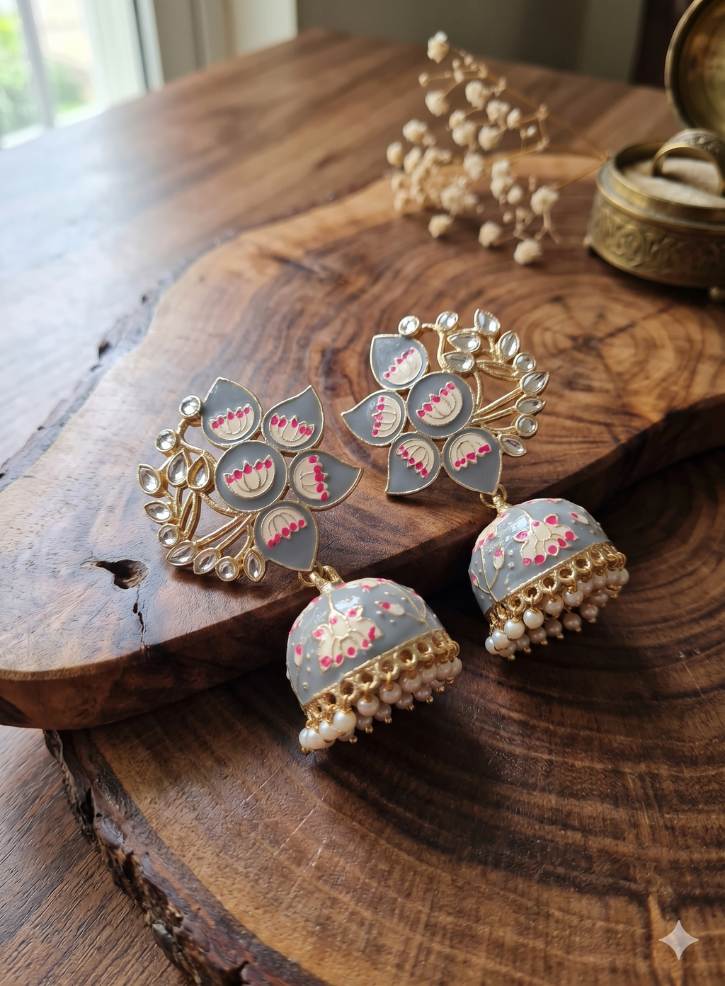 Handcrafted Grey Lotus Meenakari Jhumka Earrings with Pearl Drops