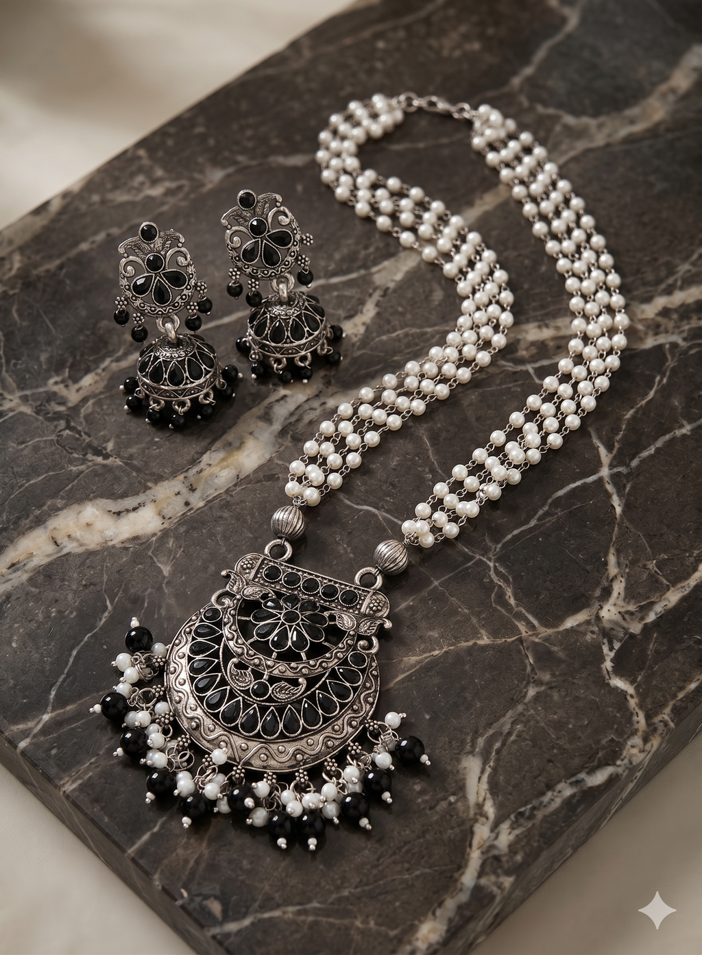 Handcrafted Oxidized Silver Pearl Choker Necklace & Jhumka Earrings Set – Black Onyx Statement Jewelry
