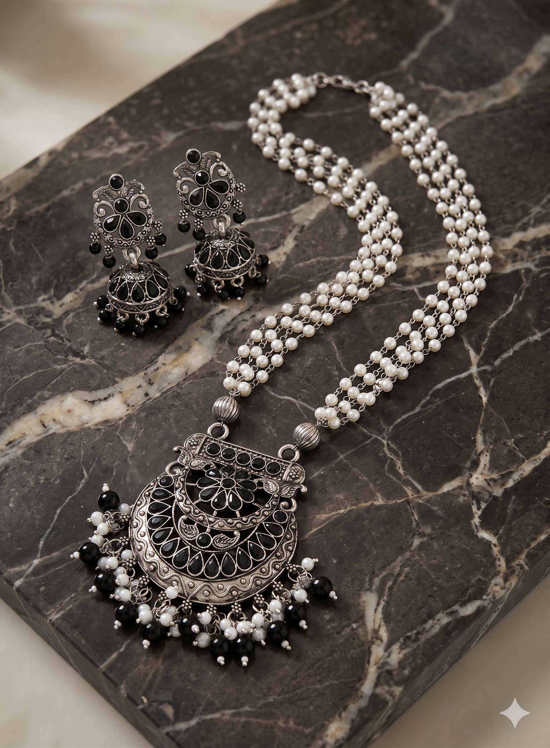 Handcrafted Oxidized Silver Pearl Choker Necklace & Jhumka Earrings Set – Black Onyx Statement Jewelry
