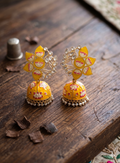 Handcrafted Yellow Meenakari Lotus Jhumka Earrings with Kundan Accents