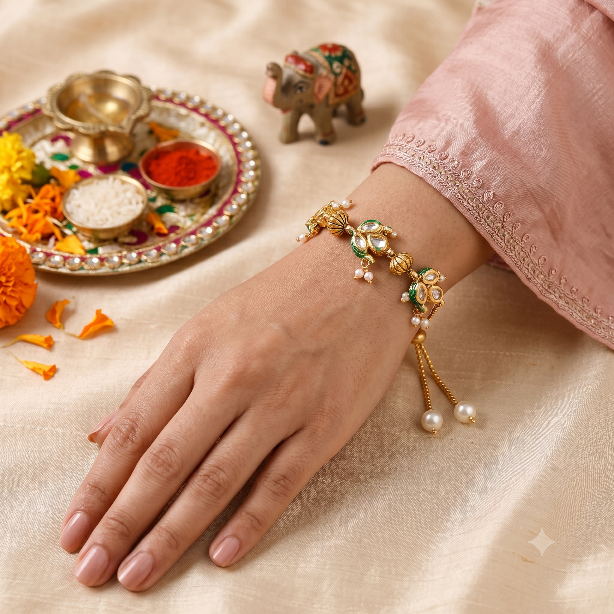 Designer Meenakari Peacock Rakhi Bracelet - Gold Plated Kandan Adjustable Rakhi