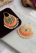 Indian Ethnic Gold-Plated Filigree Earrings – Pearl & Ruby Embellished Crescent Drops