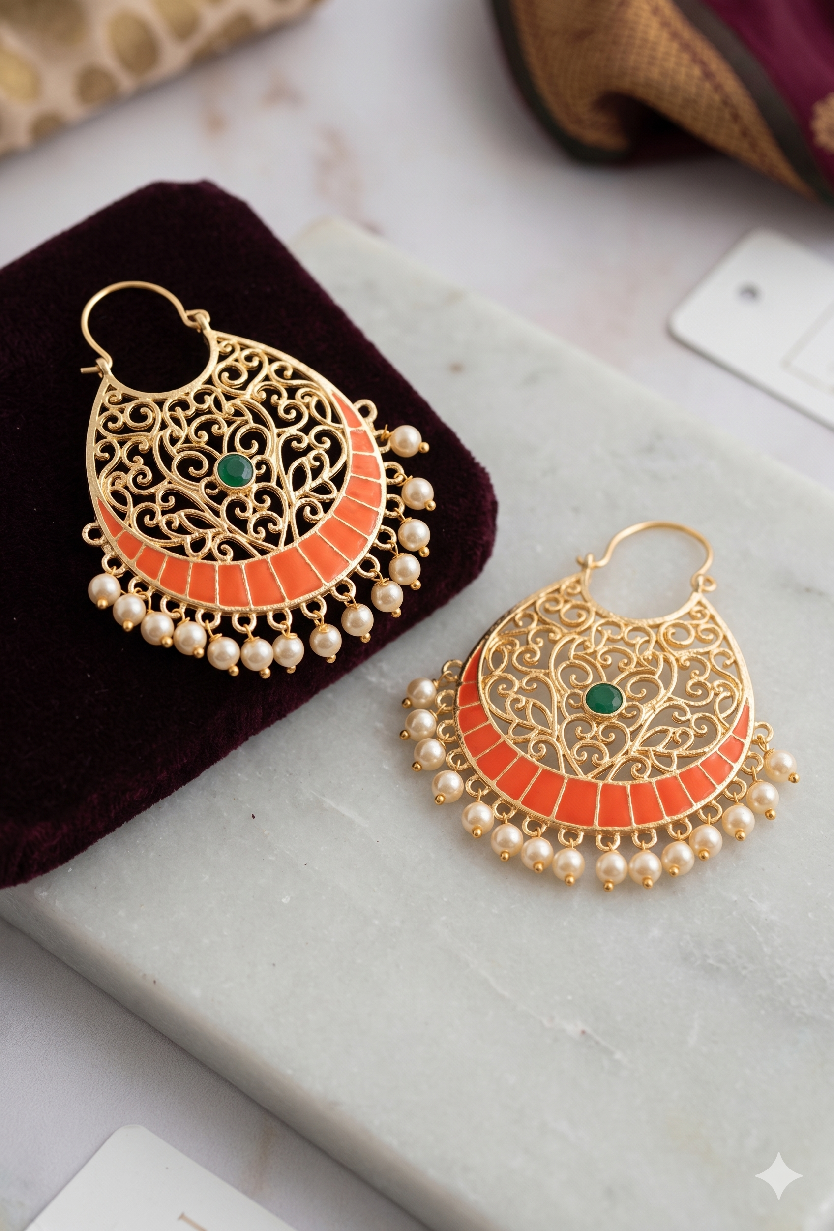 Indian Ethnic Gold-Plated Filigree Earrings – Pearl & Ruby Embellished Crescent Drops