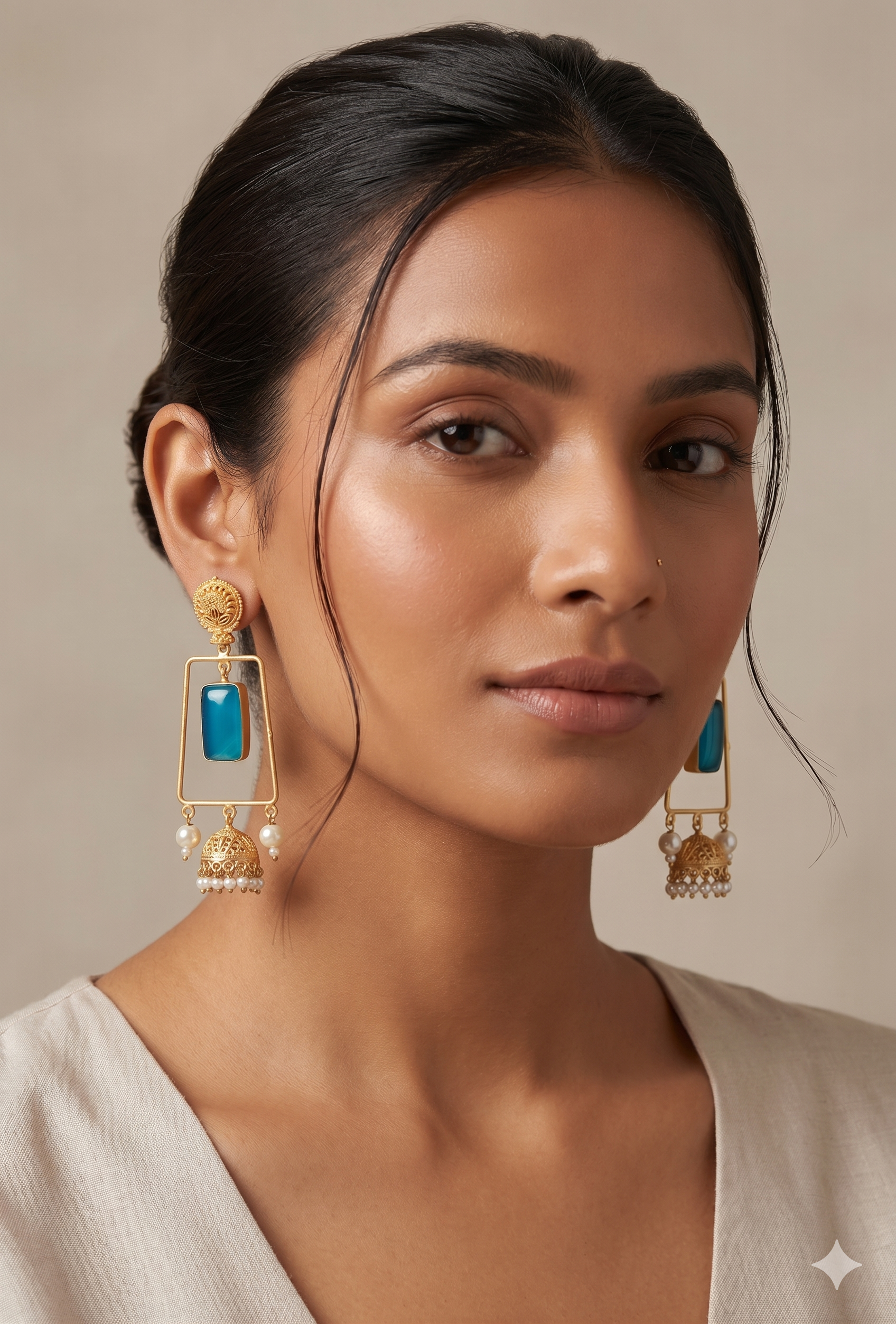 Aurelia Geometric Gold-Plated Blue Chalcedony Jhumka Earrings