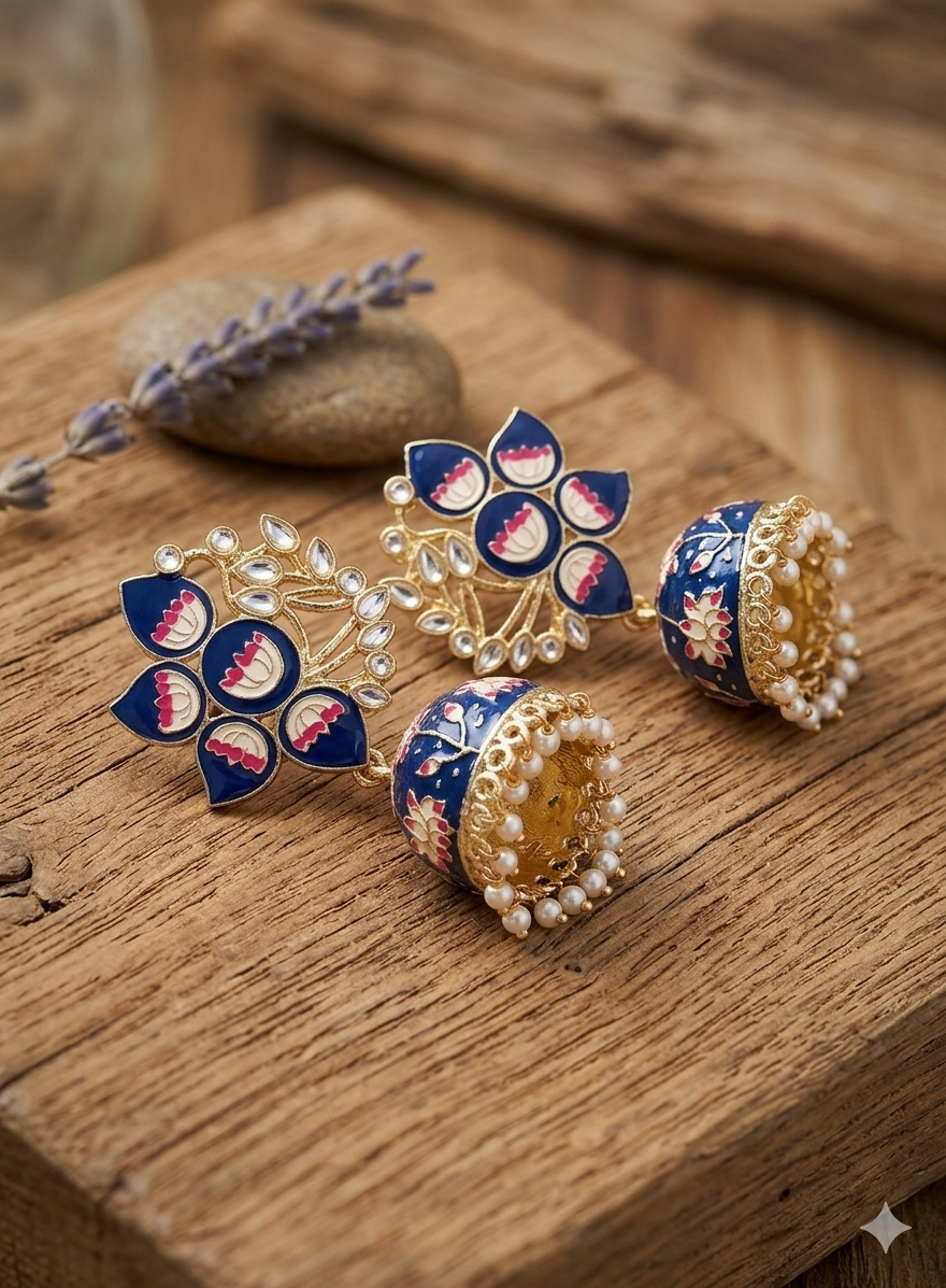 Meenakari Lotus Jhumka Earrings with Kundan Accents – Royal Blue