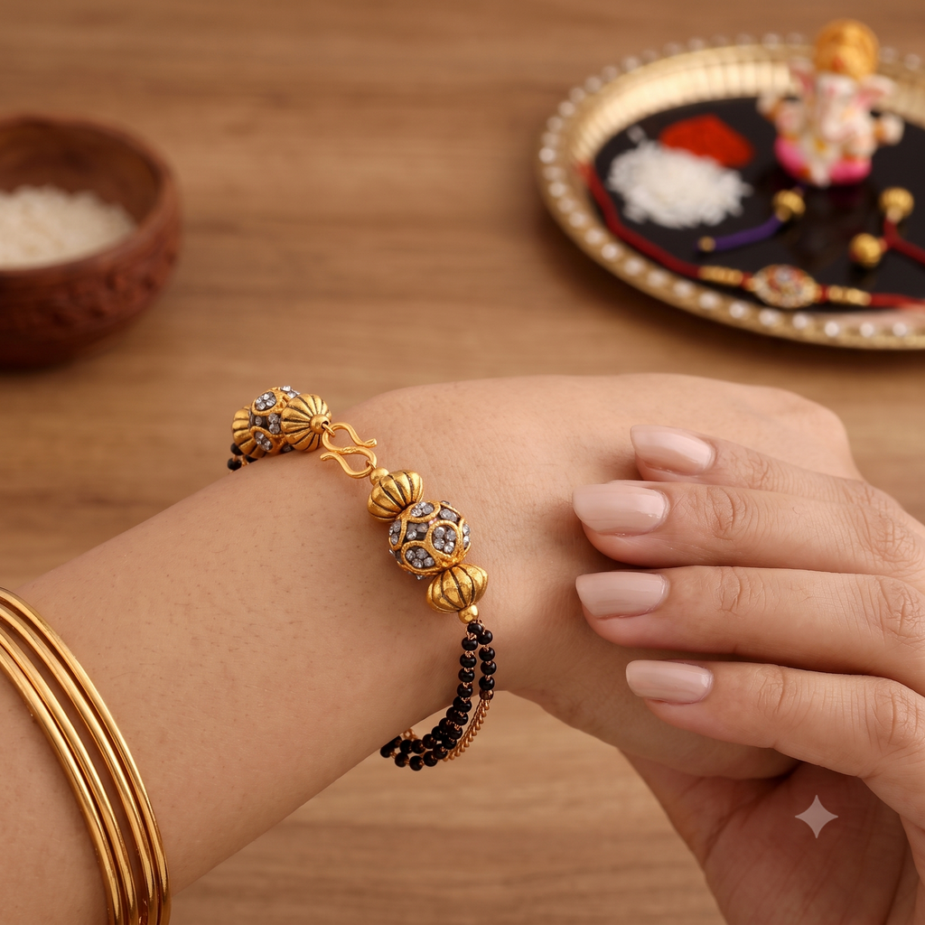 Elegant Rakhi & Lumba Set for Bhaiya Bhabhi – Designer Gold Bracelet & Thread Rakhi Combo