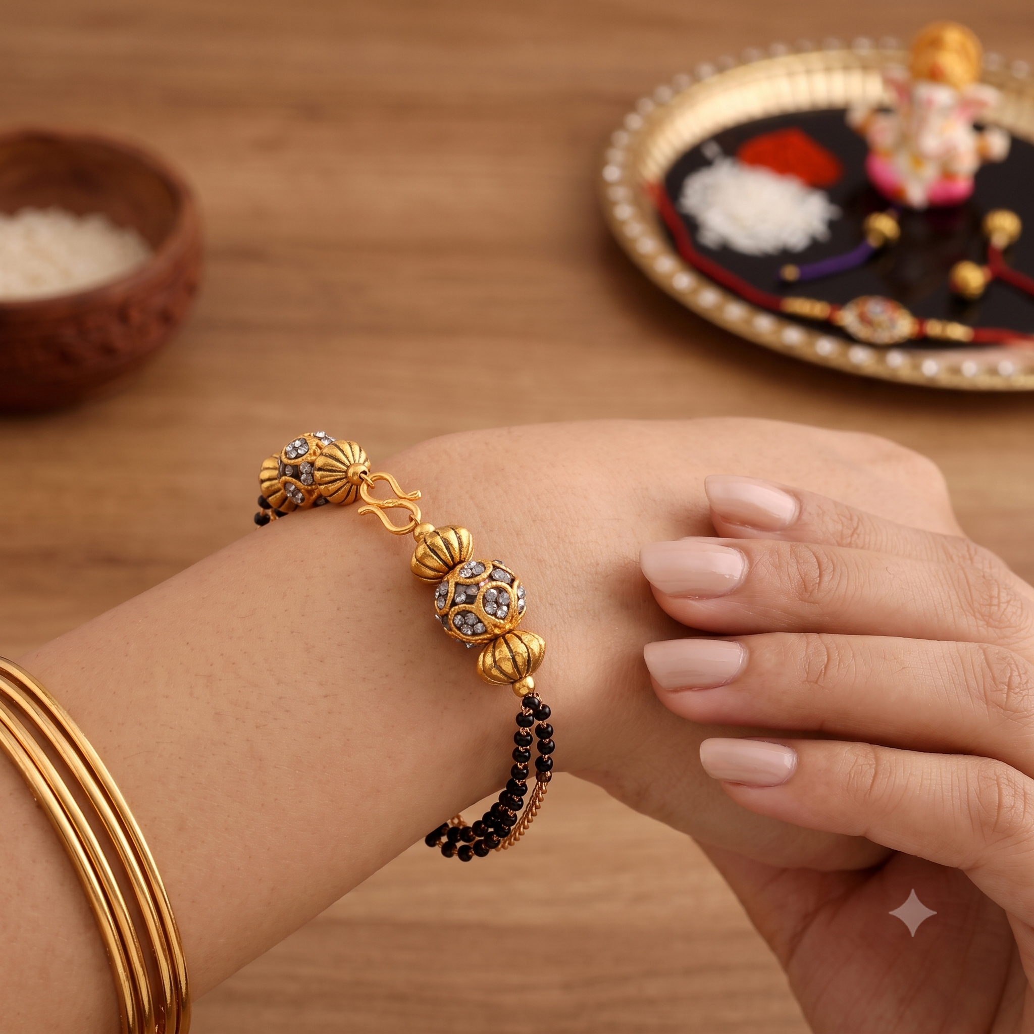 Elegant Rakhi & Lumba Set for Bhaiya Bhabhi – Designer Gold Bracelet & Thread Rakhi Combo