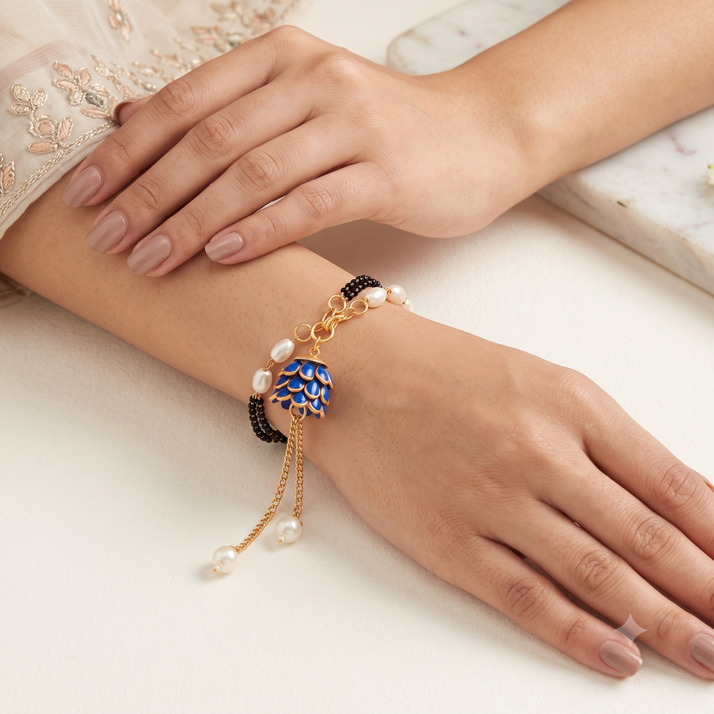 Designer Blue Floral Rakhi & Matching Lumba Bracelet Set (Pack of 2)