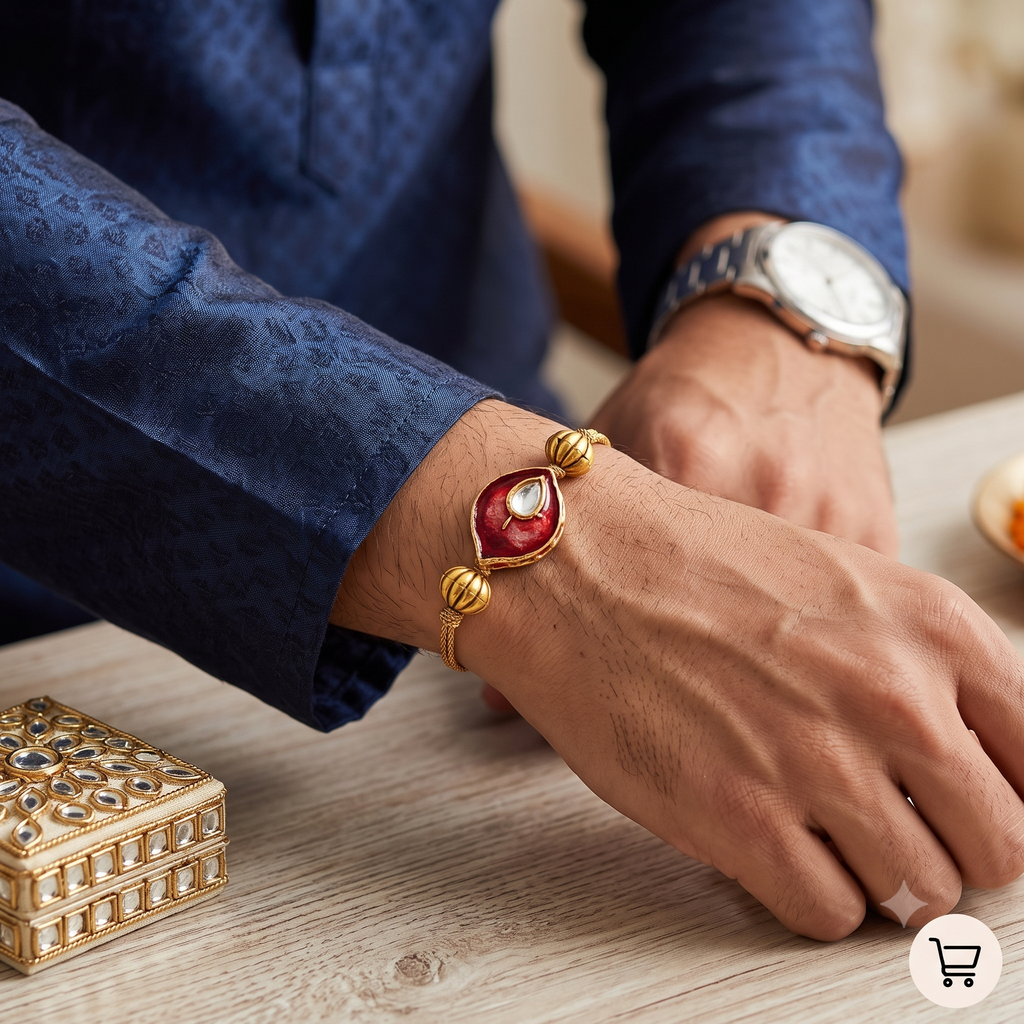 Premium Kundan & Red Meenakari Bhai Bhabhi Rakhi Set | Traditional Hathphool Lumba Bracelet with Matching Brother Rakhi