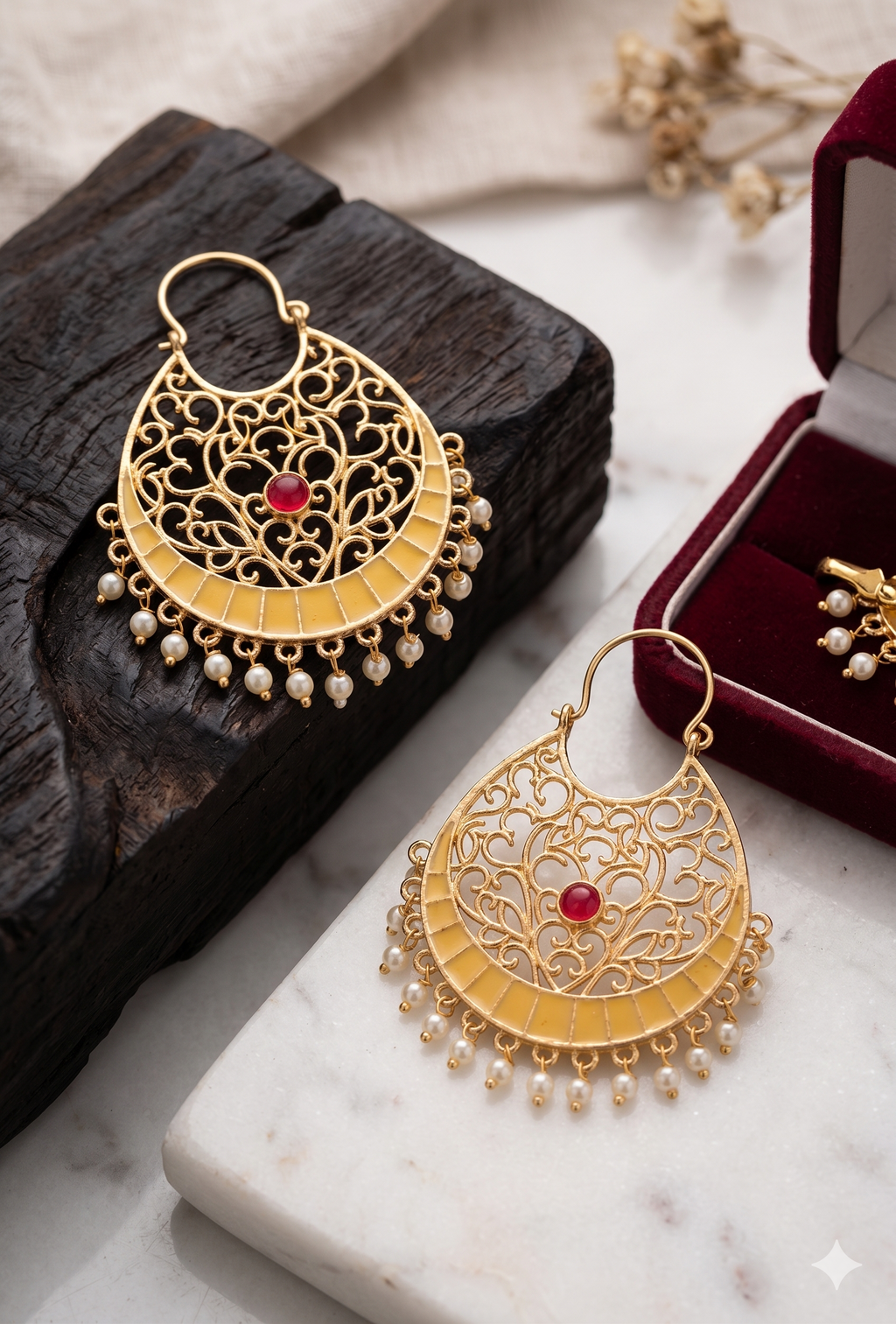 Indian Ethnic Gold-Plated Filigree Earrings – Pearl & Ruby Embellished Crescent Drops