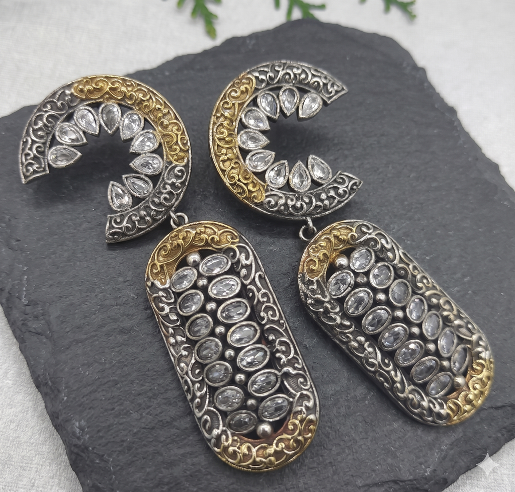 Antique Dual-Tone Crescent Moon & Filigree Drop Earrings