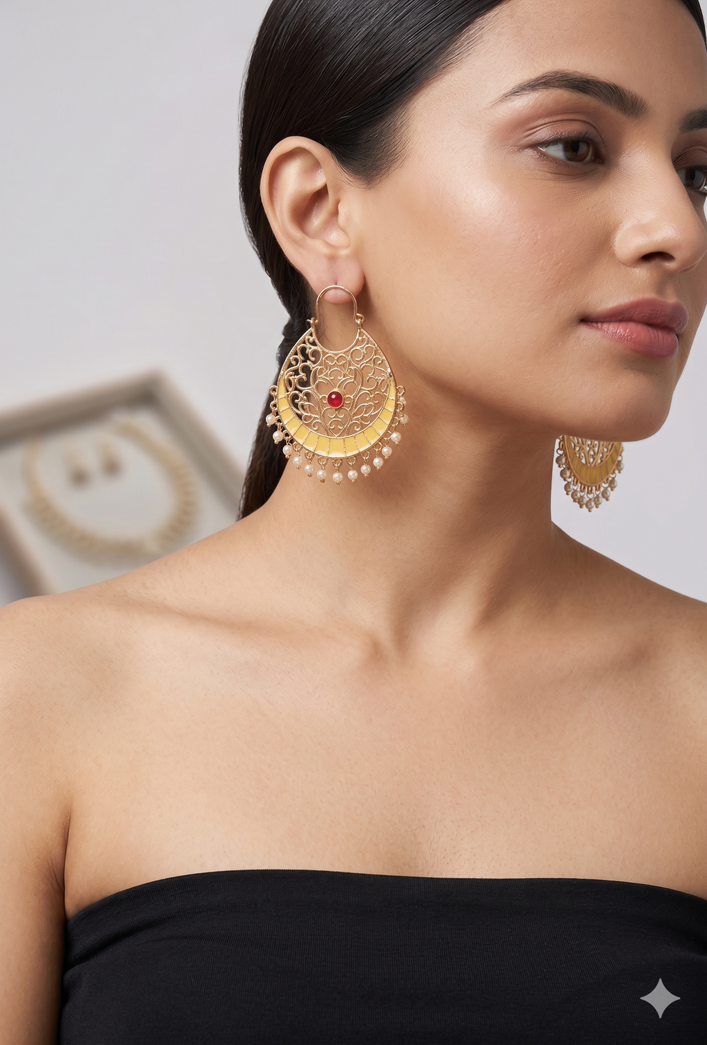 Indian Ethnic Gold-Plated Filigree Earrings – Pearl & Ruby Embellished Crescent Drops